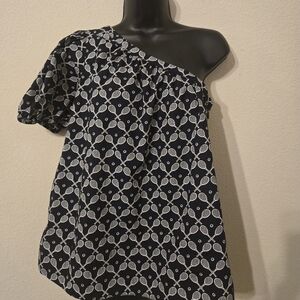 One-Shoulder Navy Blue and White Tennis Patterned Top